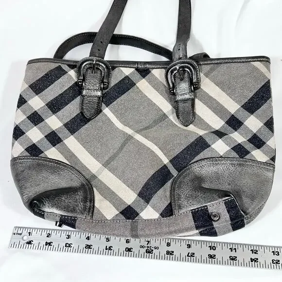 Burberry Super Nova Shimmer Check Tote Bag Canvas Leather Trim Open Top Pockets - Picture 16 of 16